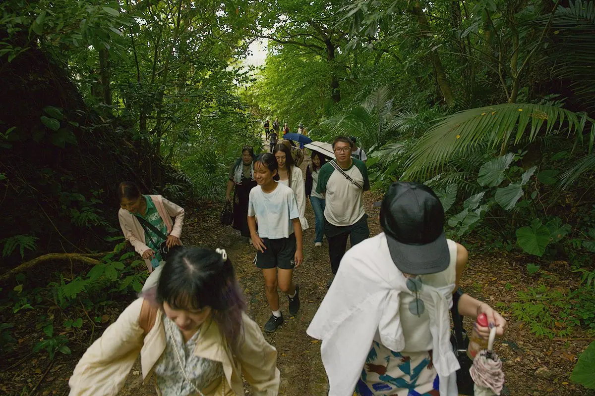 豊かな緑に包まれた昼間のプライベートフォレストを歩く、笑顔のツアー参加者たち